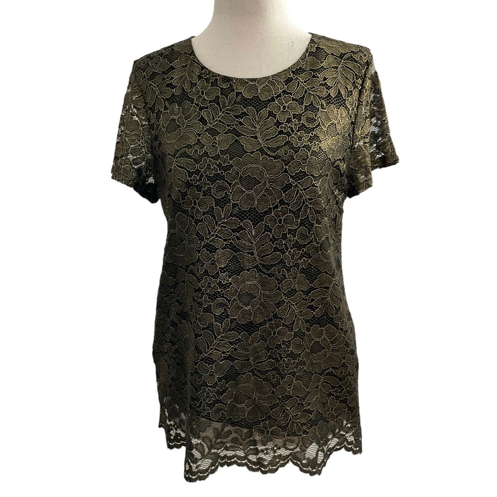 Banana Republic Women Size Small Lace Black Metallic Gold Shirt Top (17-693)